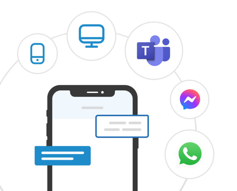 Loghi delle principali piattaforme integrabili (Microsoft Teams, Messenger, WhatsApp, app mobile, piattaforme desktop)