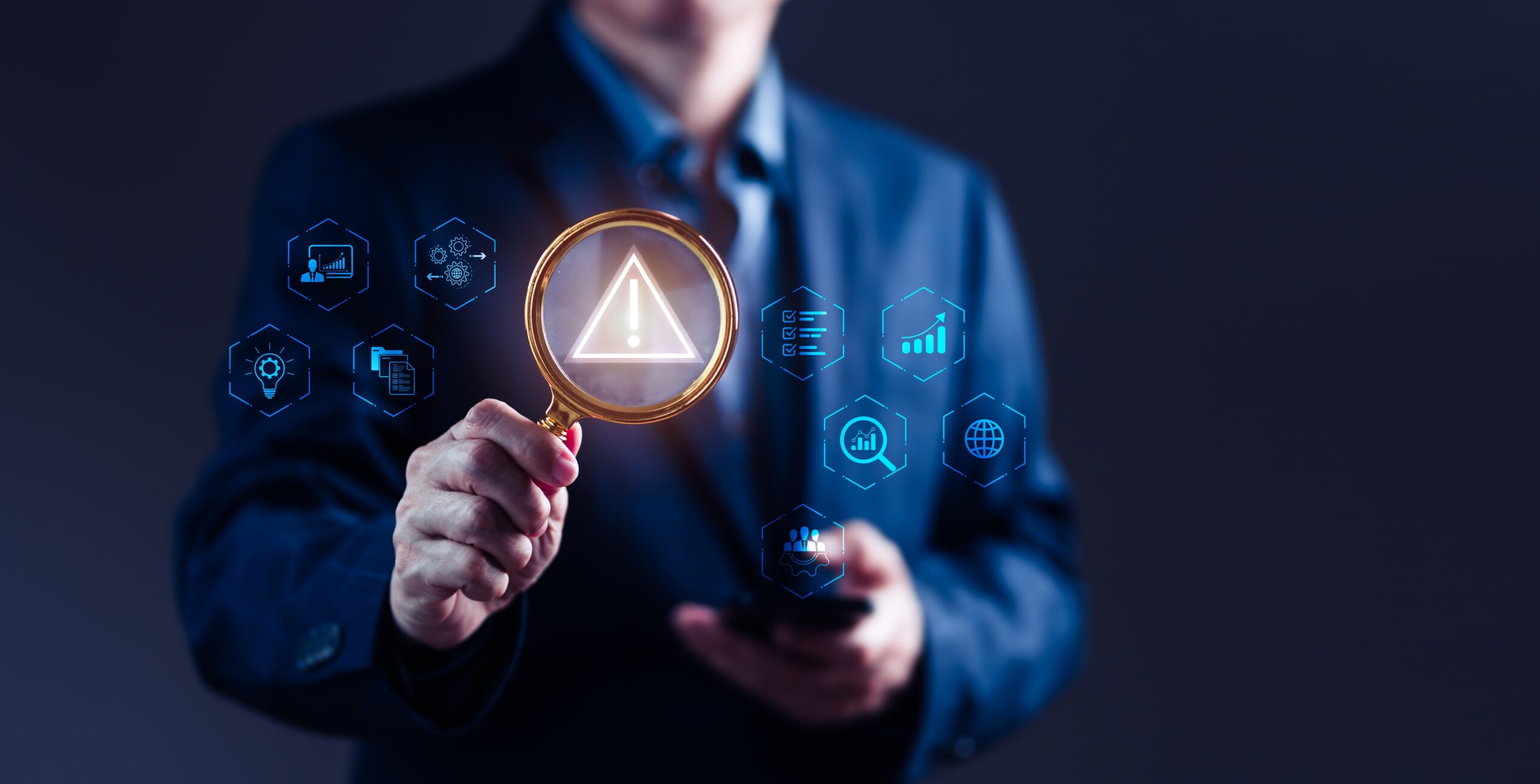 Businessman,Uses,A,Magnifying,Glass,To,Scrutinize,A,Risk,Alert