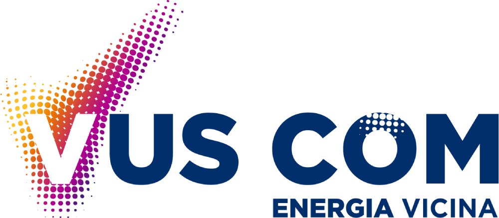 Vuscom logo with colorful pixelated checkmark and blue "VUS COM" text, brand emblem for Energia Vicina on black