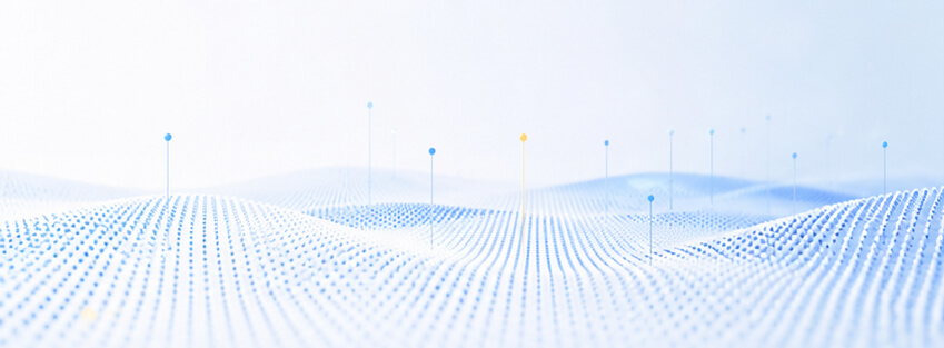 Paesaggio astratto di dati blu con onde puntinate e indicatori verticali che rappresentano flusso informativo