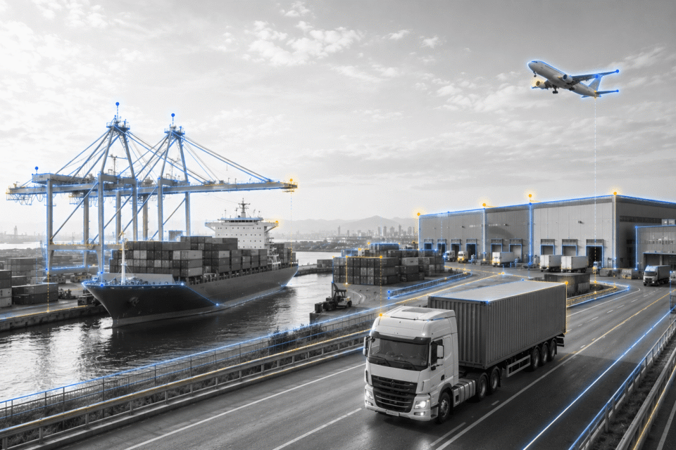 Porto container, camion, magazzini e aereo connessi in una soluzione di logistica digitale per trasporti intelligenti