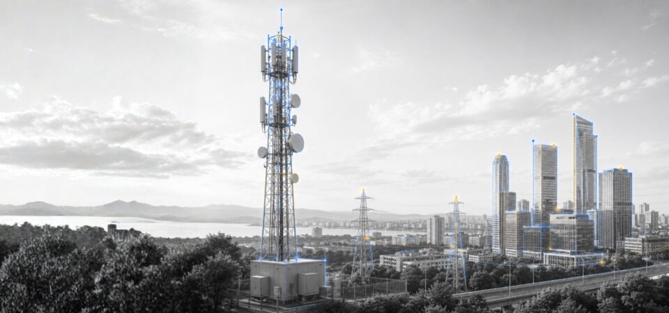 Ripetitore 5G urbano su torre con pannelli e skyline di smart city collegata via fibra e reti IoT per connettività
