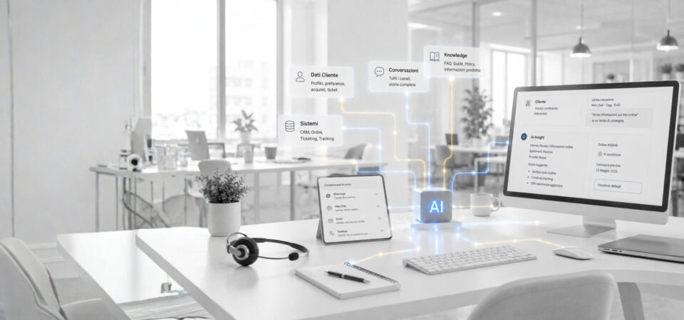 Scrivania in ufficio con monitor e tablet che visualizzano dashboard CX e connessioni AI per assistenza omnicanale clienti