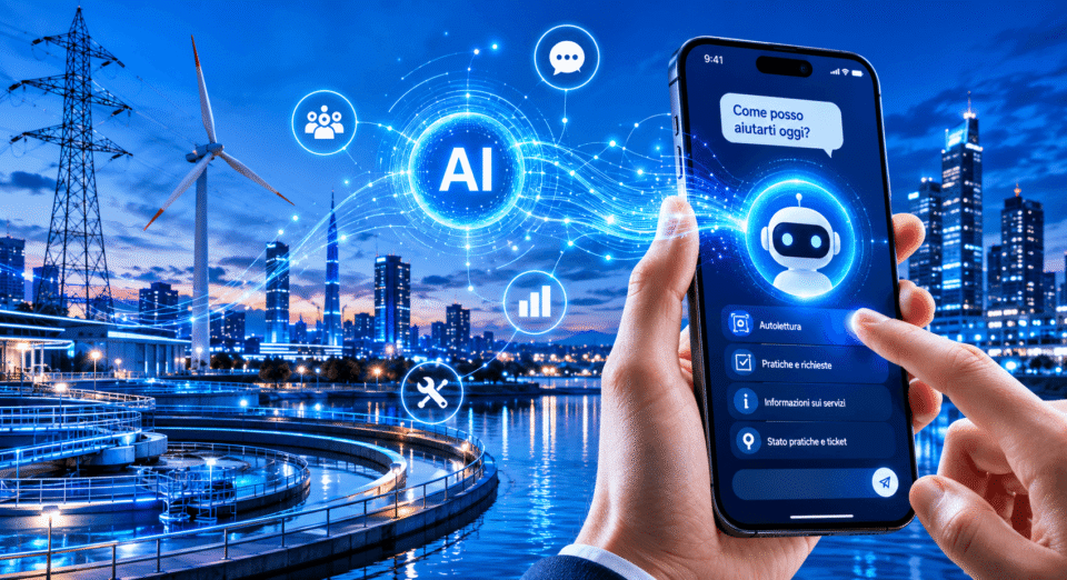 Assistente digitale AI per utilities e smart grid su smartphone con icone di rete, grafici e servizi in italiano