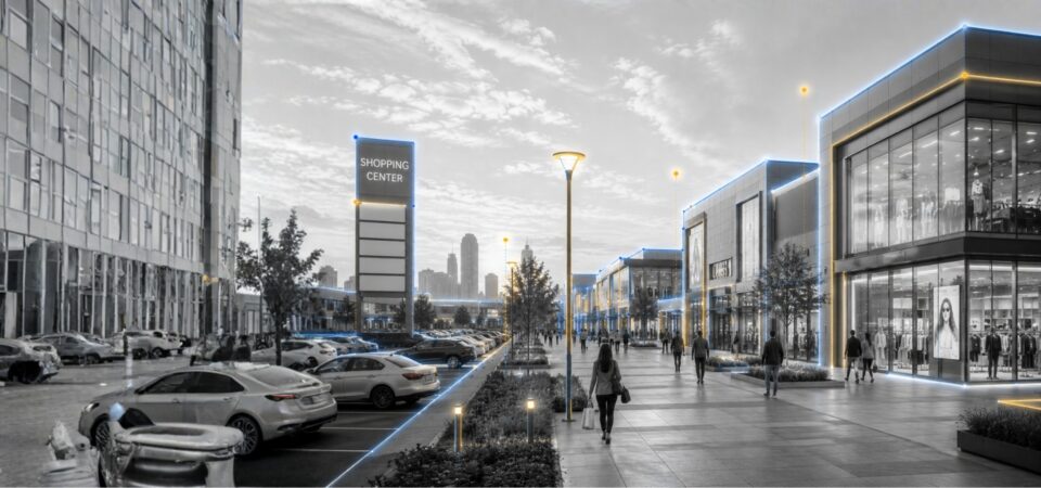 Paesaggio retail urbano con centro commerciale moderno, pedoni, parcheggio e indicatori luminosi evidenziati per marketing IA