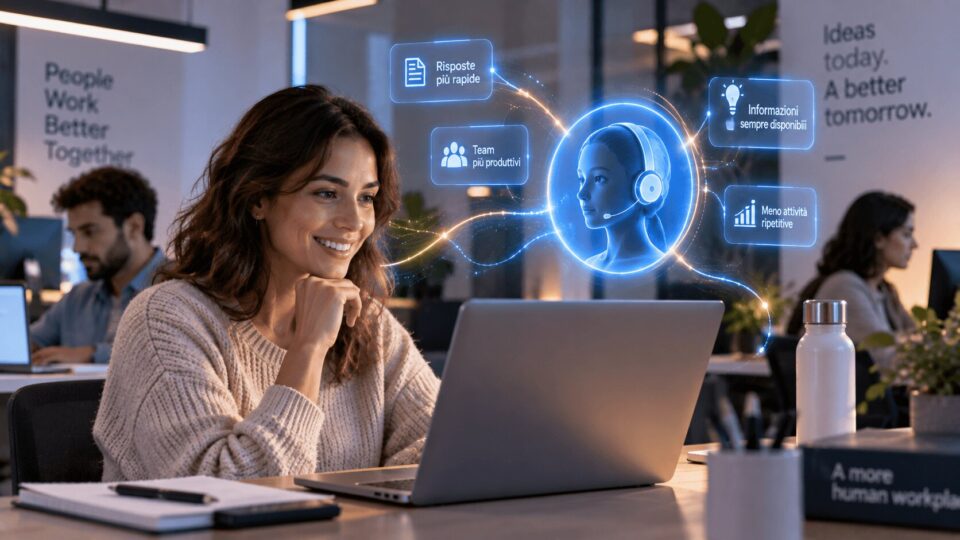 Donna sorridente al laptop in ufficio con ologramma di AI generativa che mostra benefici per customer e employee experience