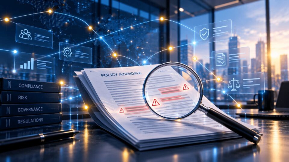 Documento "policy aziendale" con lente d'ingrandimento, segnali di rischio e icone digitali per compliance e governance