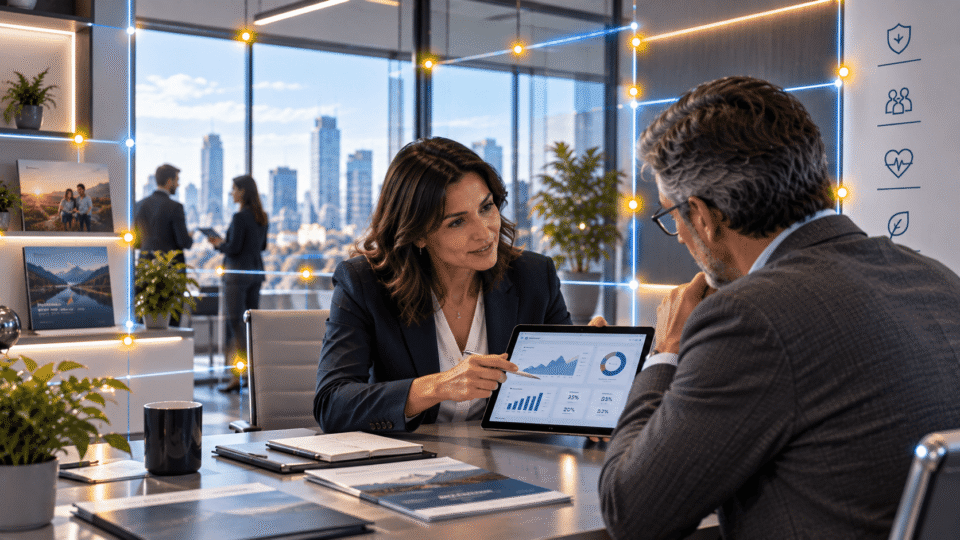 Consulente finanziario mostra dashboard AI e grafici su tablet durante consulenza digitale in ufficio moderno
