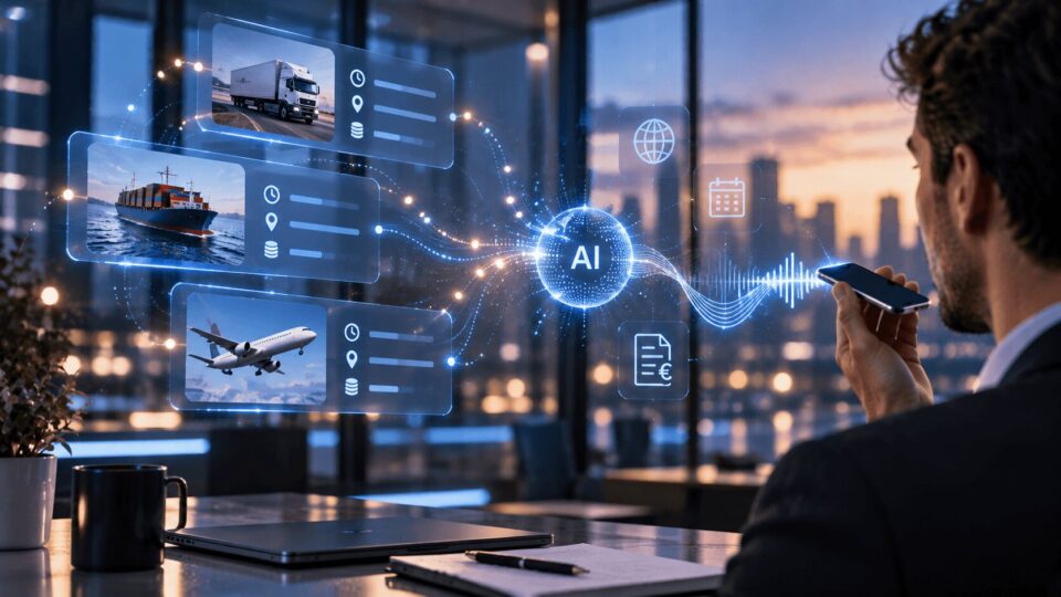 Uomo in ufficio che usa uno smartphone per interagire con un agente vocale AI che genera preventivi logistici in tempo reale