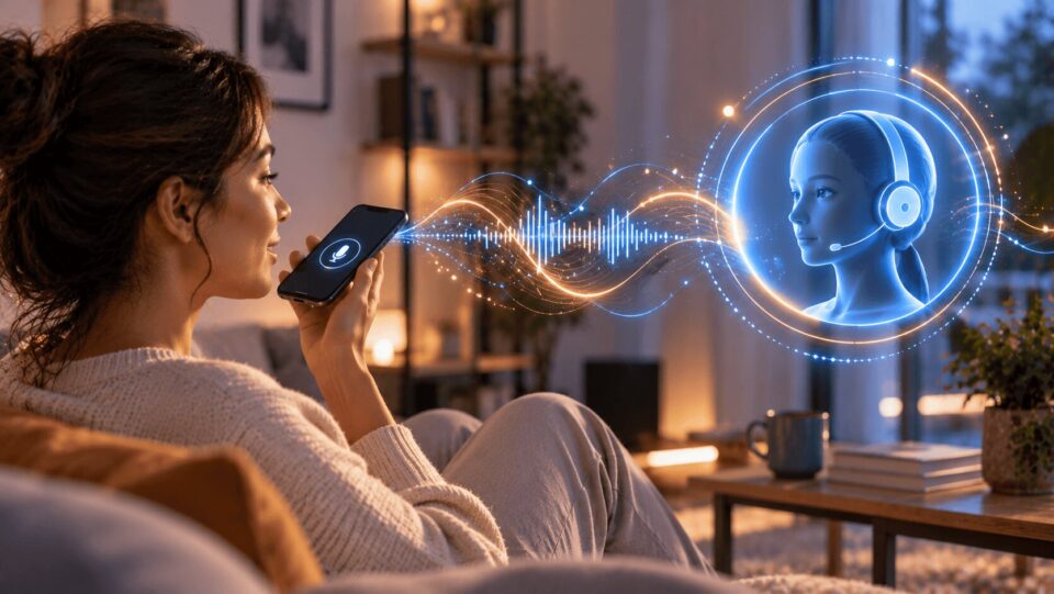 Donna sul divano parla al voicebot sullo smartphone con un agente vocale virtuale olografico per customer experience