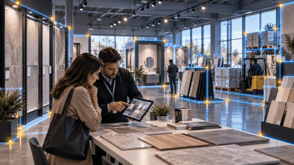 Consulente Iperceramica con tablet presenta campioni di piastrelle e soluzioni AI nello showroom di pavimenti e rivestimenti