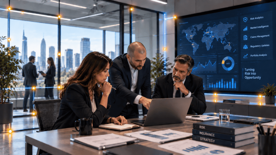 Consulenti Marsh al tavolo con laptop e dashboard digitale che mostrano analisi rischi e supporto AI per preventivi
