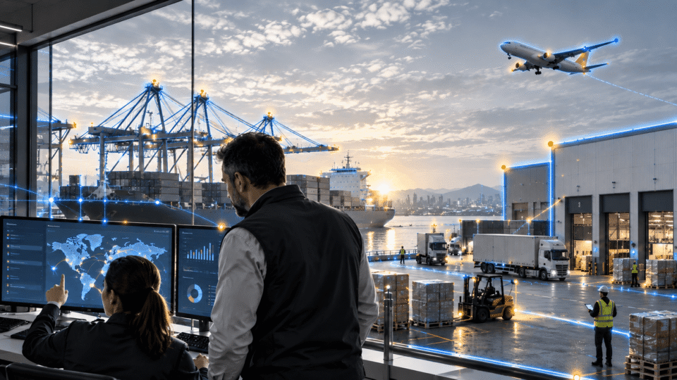 Pannello controllo logistica digitale AI al porto con navi portacontainer, camion, aereo e gestione parcel in tempo reale