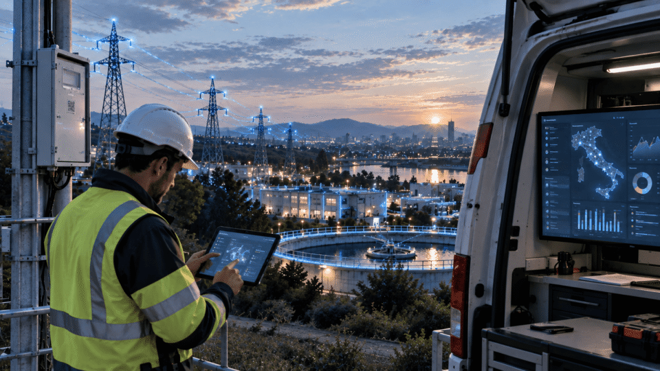 Tecnico energetico con casco e tablet davanti a van che monitora smart grid e impianti urbani al tramonto, dashboard Italia