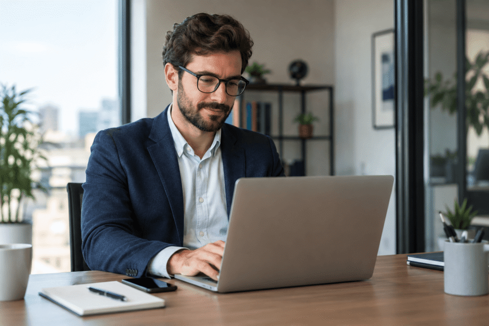 Professionista in ufficio che usa laptop per lavoro e AI, uomo con giacca e occhiali su scrivania moderna