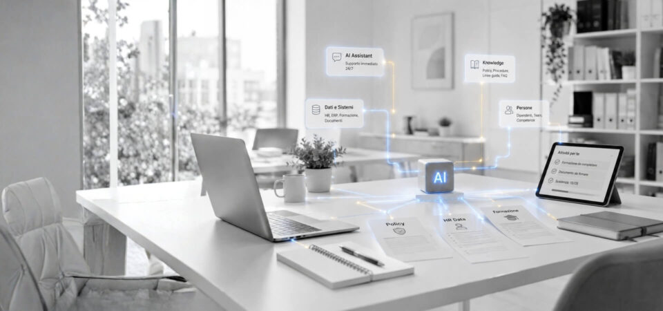 Scrivania d'ufficio con laptop, tablet e cubo "AI" che integra dati HR, formazione e policy per employee experience