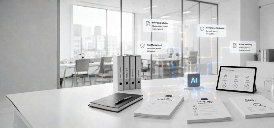 Scrivania d'ufficio con documenti di compliance, cartelle aziendali, tablet overview e cubo AI per governance aziendale