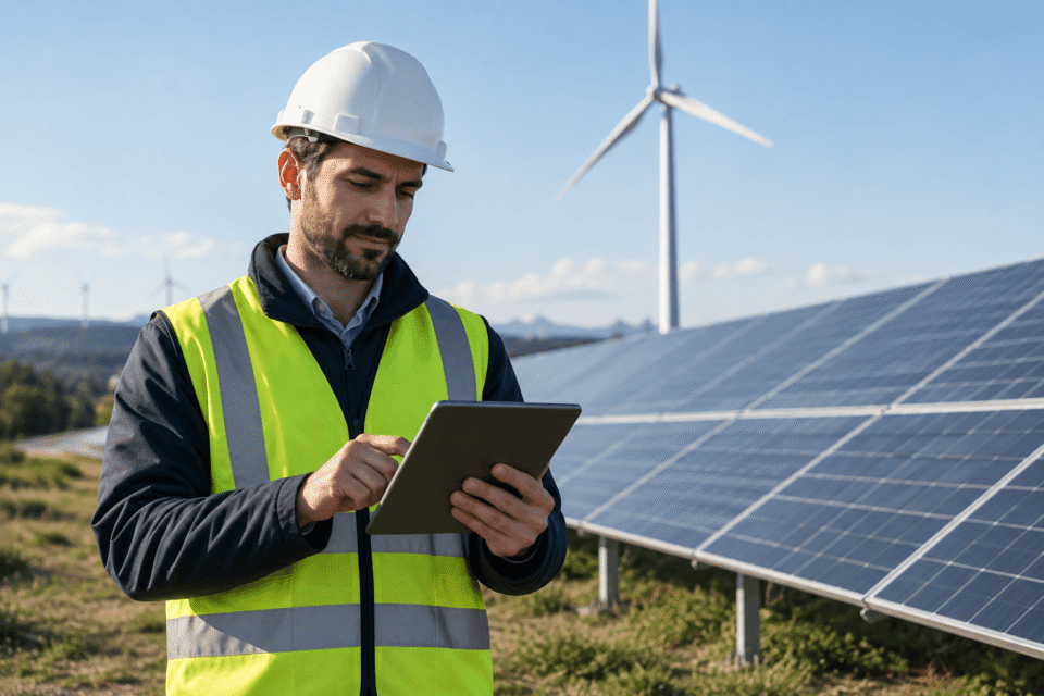 Tecnico energie rinnovabili con casco e gilet riflettente che usa un tablet davanti a pannelli solari e turbine eoliche