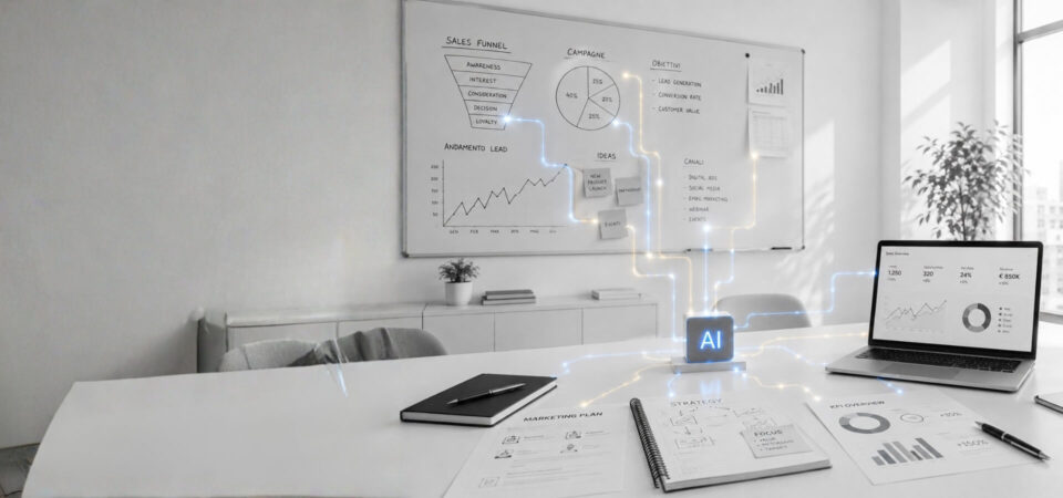 Scrivania per vendite e marketing con cubo AI con connessioni, lavagna funnel e laptop con grafici