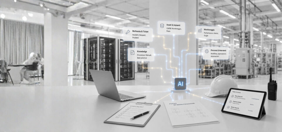 Postazione in fabbrica con laptop, tablet ticketing, casco e simbolo AI che integra asset, monitoraggio e knowledge