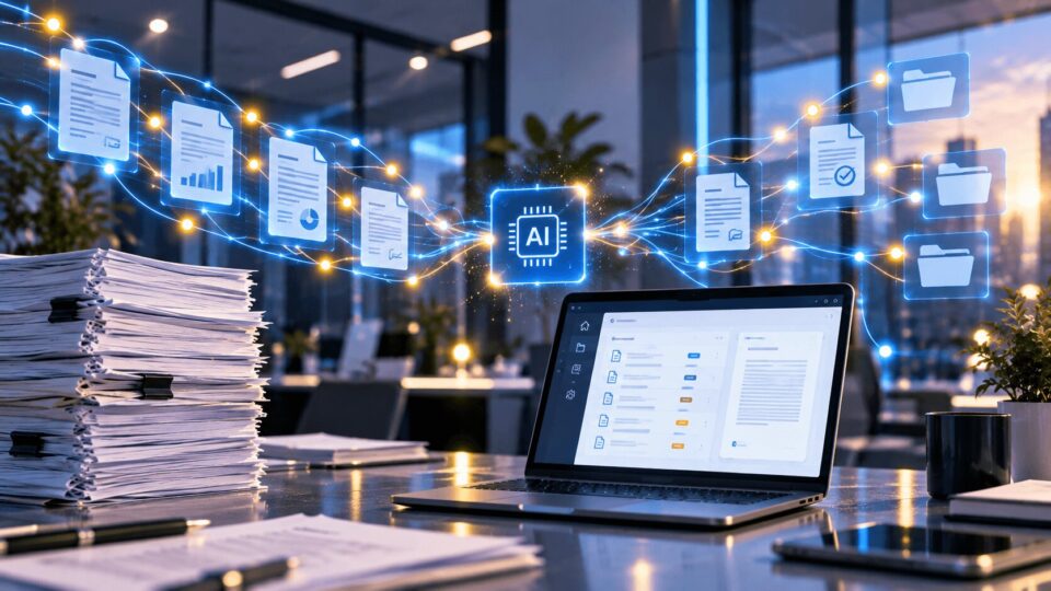 Laptop su scrivania in ufficio con interfaccia di gestione documentale e flusso AI che automatizza file e cartelle