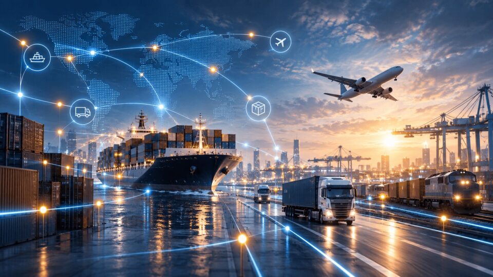 Webinar Logistica Digitale e AI per Supply Chain: scena porto con nave container, camion, treno, aereo e grafica di rete