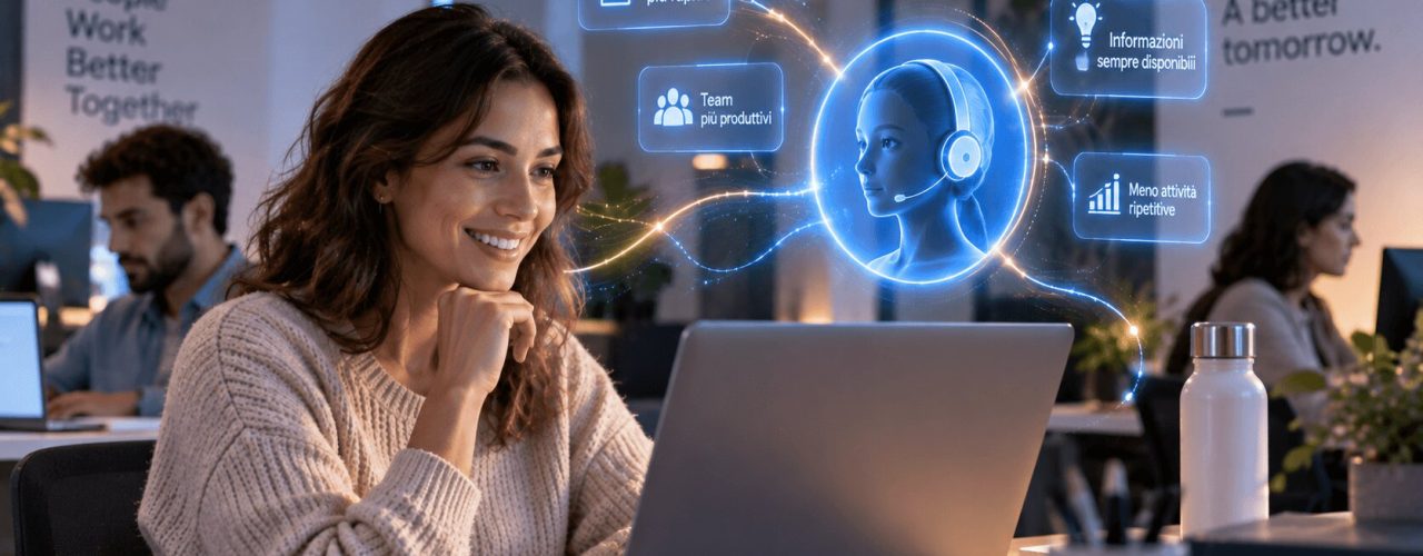 Donna sorridente al laptop in ufficio con ologramma di AI generativa che mostra benefici per customer e employee experience