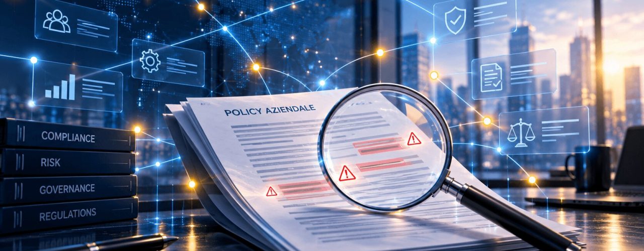 Documento "policy aziendale" con lente d'ingrandimento, segnali di rischio e icone digitali per compliance e governance