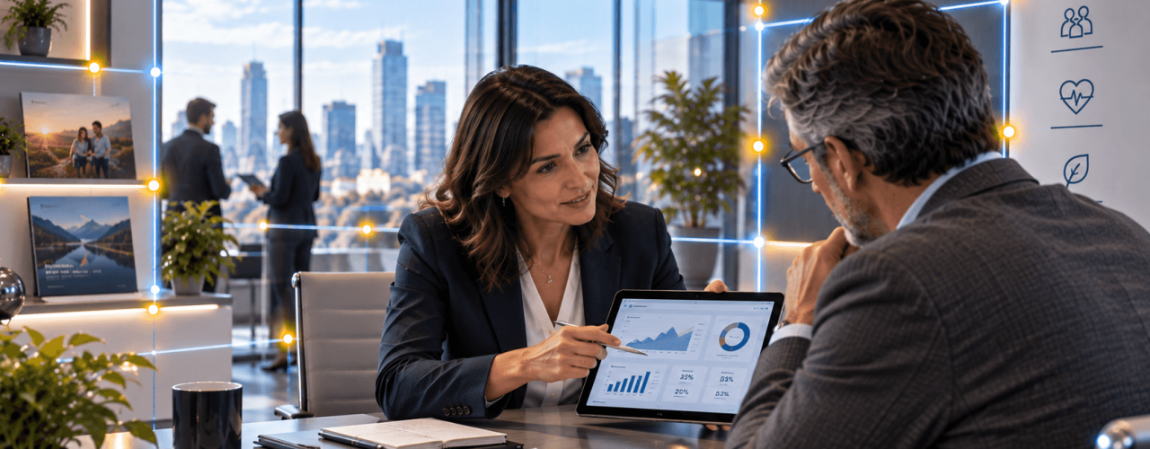 Consulente finanziario mostra dashboard AI e grafici su tablet durante consulenza digitale in ufficio moderno
