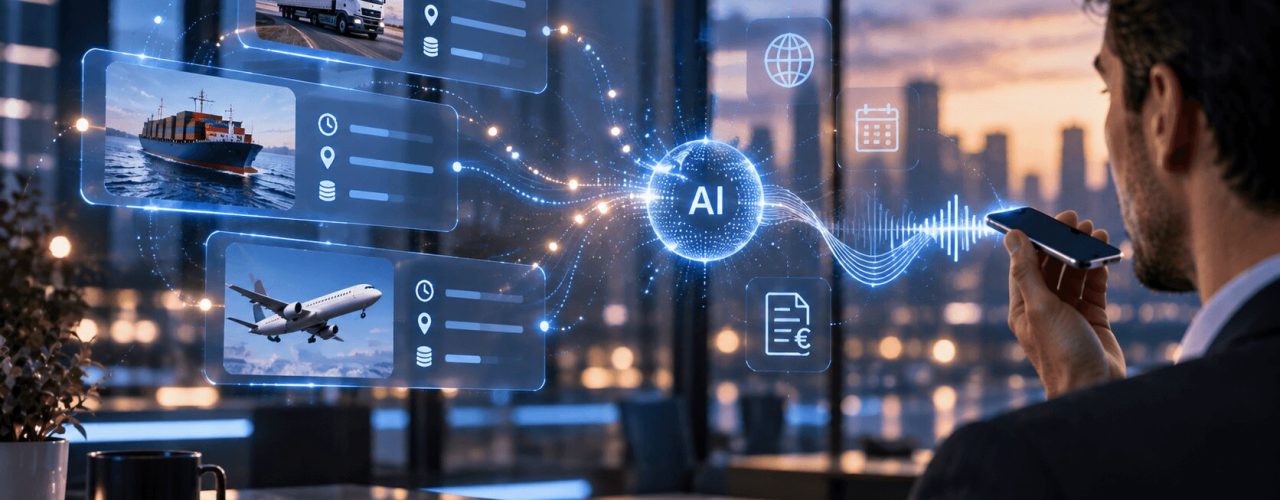 Uomo in ufficio che usa uno smartphone per interagire con un agente vocale AI che genera preventivi logistici in tempo reale