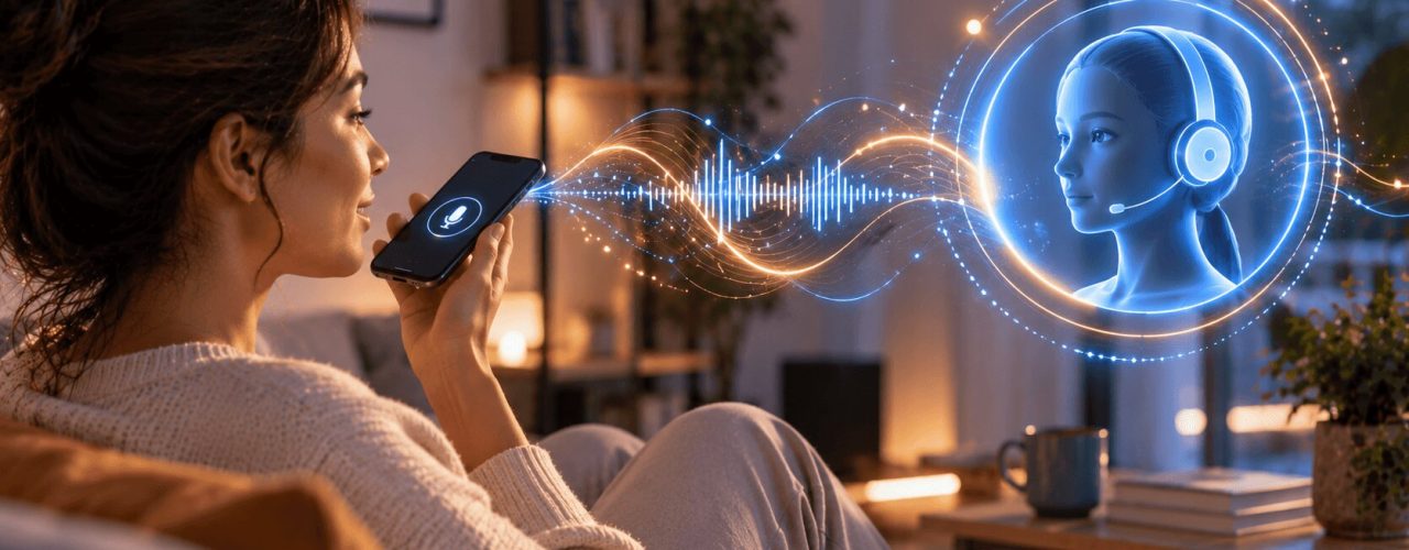Donna sul divano parla al voicebot sullo smartphone con un agente vocale virtuale olografico per customer experience