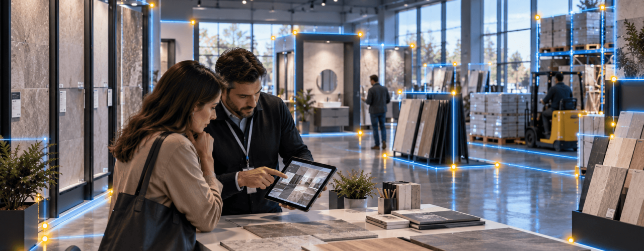 Consulente Iperceramica con tablet presenta campioni di piastrelle e soluzioni AI nello showroom di pavimenti e rivestimenti
