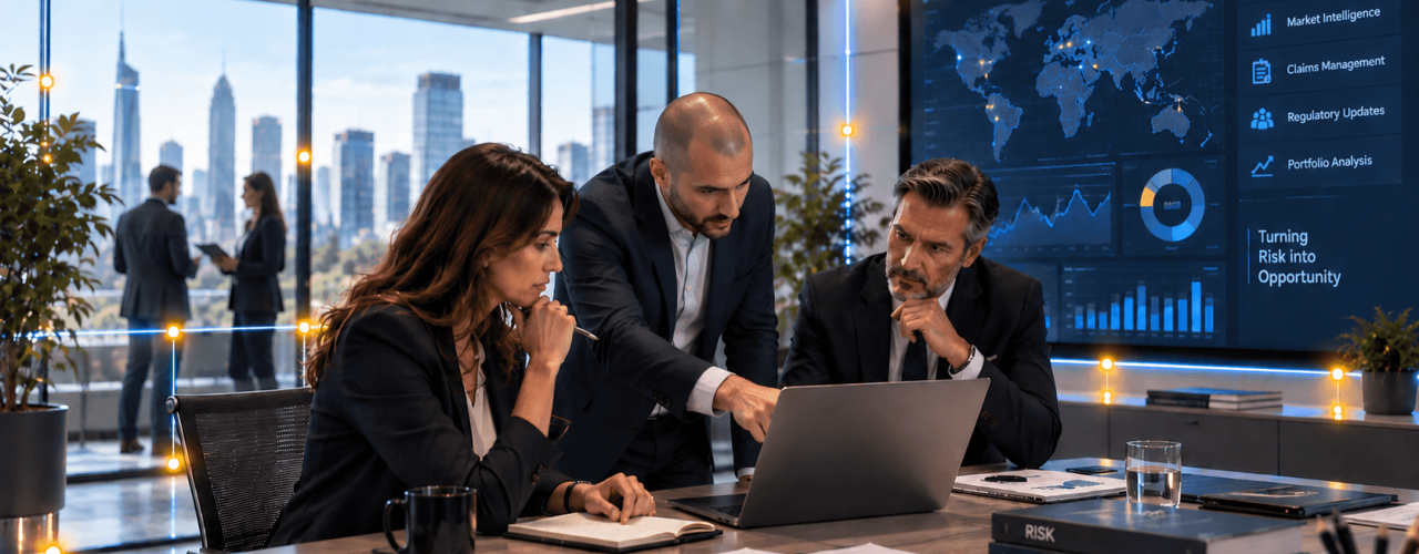 Consulenti Marsh al tavolo con laptop e dashboard digitale che mostrano analisi rischi e supporto AI per preventivi