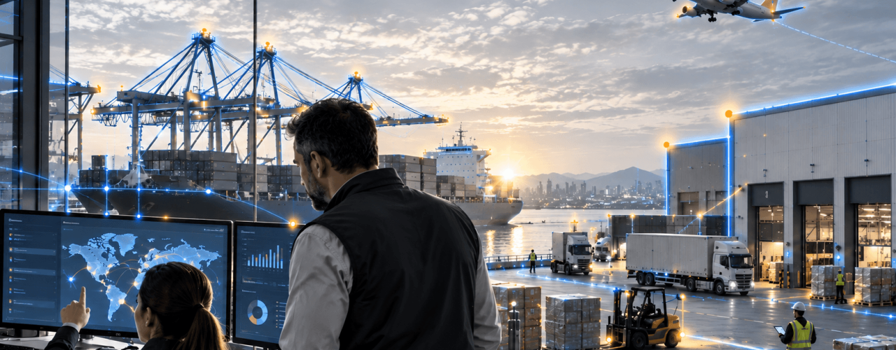 Pannello controllo logistica digitale AI al porto con navi portacontainer, camion, aereo e gestione parcel in tempo reale