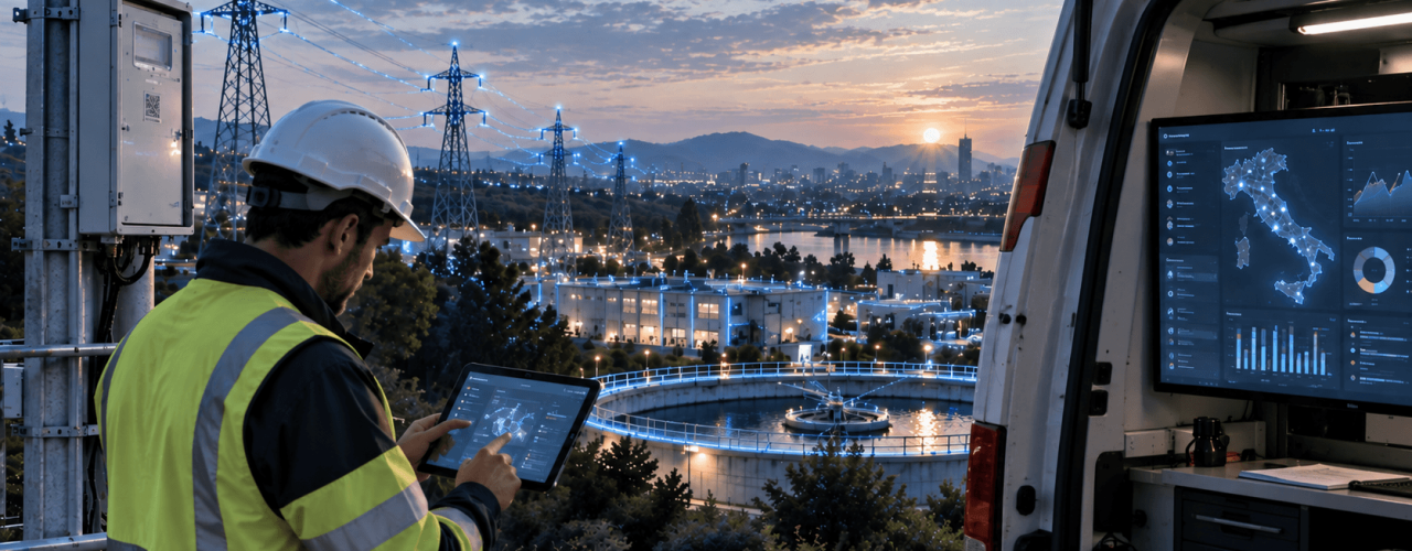Tecnico energetico con casco e tablet davanti a van che monitora smart grid e impianti urbani al tramonto, dashboard Italia