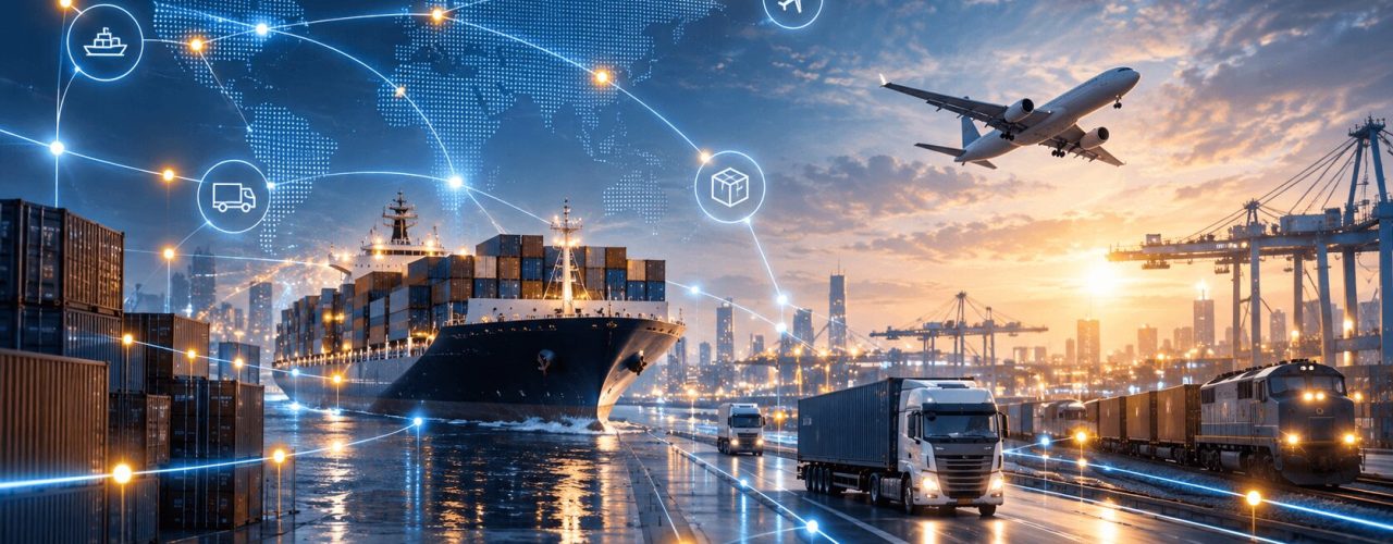 Webinar Logistica Digitale e AI per Supply Chain: scena porto con nave container, camion, treno, aereo e grafica di rete